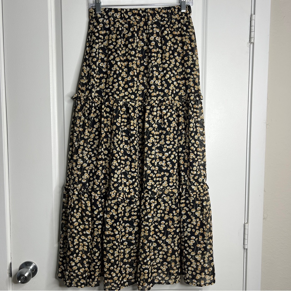 Y.A.S. Yasclaris Black Floral Tiered Maxi Skirt S High Waisted Ankle Skirt